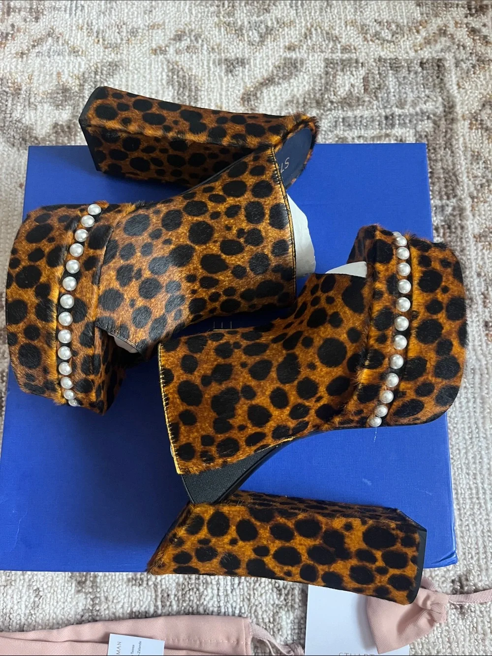 Stuart Weitzman NEW W BOX sky high faux pearl leopard platform sandals sz 8